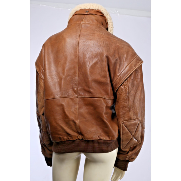 Vintage Midway Brown Leather Zipper Bomber Jacket Size 40 Sheep Shearling Collar - Picture 12 of 16